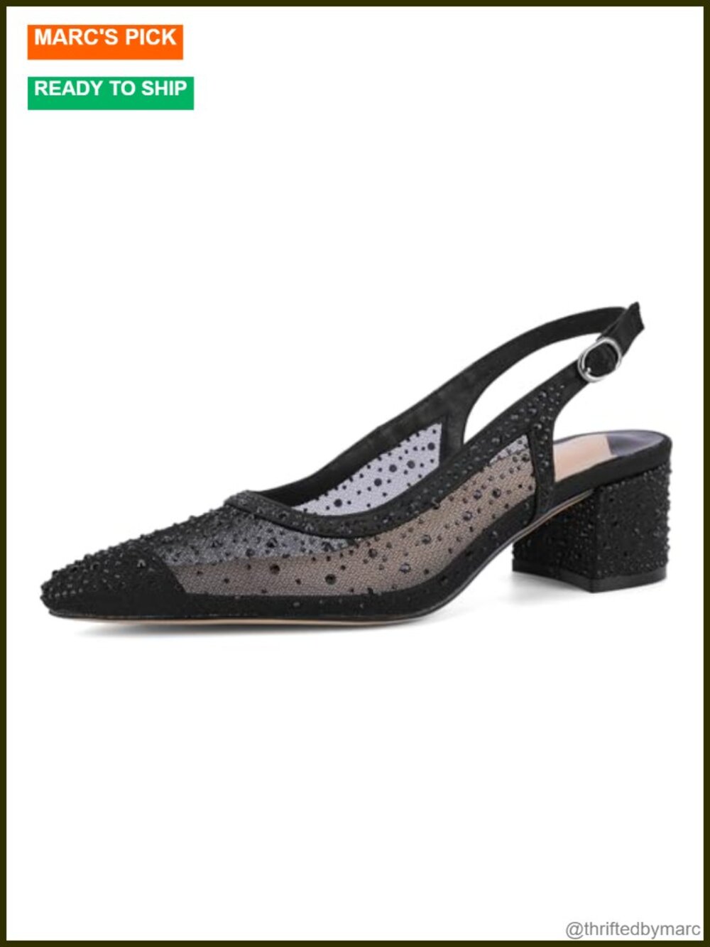 ANFEE Mesh Slingback Block Heels Rhinestone Pointed Toe Pumps Women Party Shoes